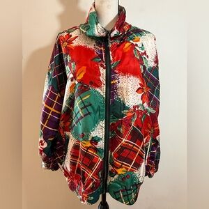 EVR vintage silk Christmas plaid zip jacket festive holly SZ XL